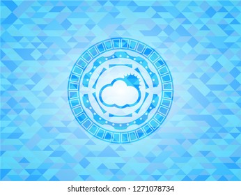 sun behind cloud icon inside light blue emblem with mosaic ecological style background