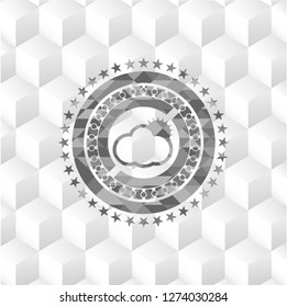 sun behind cloud icon inside realistic grey emblem with cube white background