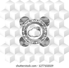 sun behind cloud icon inside retro style grey emblem with geometric cube white background