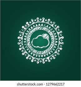 sun behind cloud icon inside chalkboard emblem