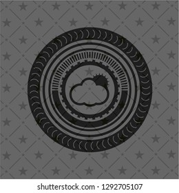 sun behind cloud icon inside realistic dark emblem