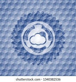 sun behind cloud icon inside blue badge with geometric pattern.