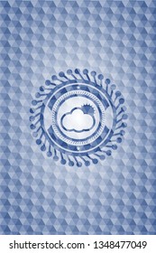 sun behind cloud icon inside blue emblem with geometric pattern.