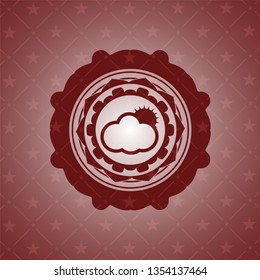 sun behind cloud icon inside red emblem. Retro