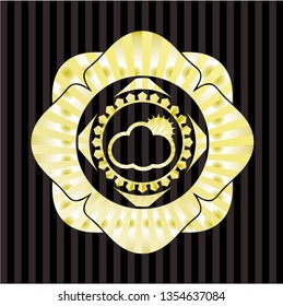 sun behind cloud icon inside gold shiny emblem