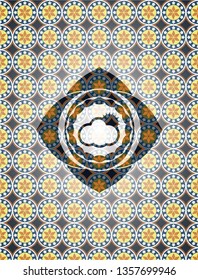sun behind cloud icon inside arabesque badge. arabic decoration.