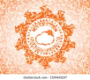 sun behind cloud icon inside orange mosaic emblem with background