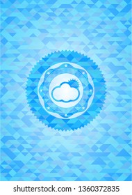 sun behind cloud icon inside light blue emblem with mosaic ecological style background