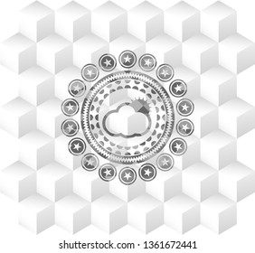 sun behind cloud icon inside realistic grey emblem with geometric cube white background