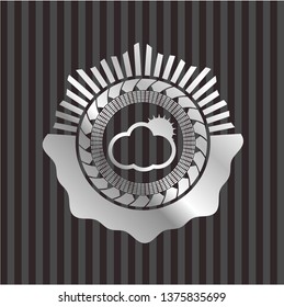 sun behind cloud icon inside silver shiny emblem