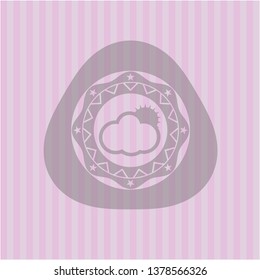 sun behind cloud icon inside pink emblem. Retro