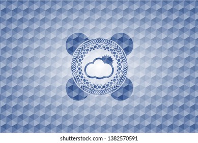 sun behind cloud icon inside blue emblem or badge with abstract geometric polygonal pattern background.