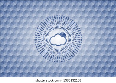 sun behind cloud icon inside blue polygonal emblem.