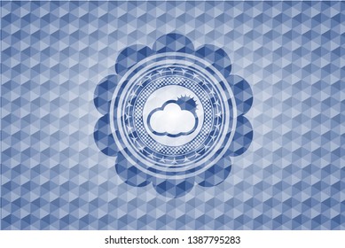 sun behind cloud icon inside blue emblem with geometric pattern.