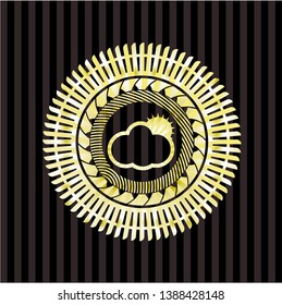 sun behind cloud icon inside gold emblem or badge
