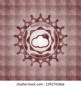 sun behind cloud icon inside red seamless emblem with geometric pattern background.
