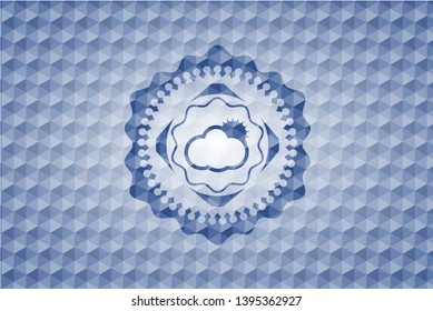 sun behind cloud icon inside blue badge with geometric pattern background.