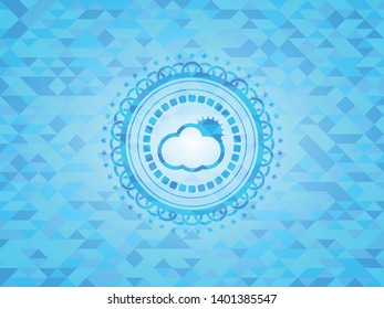 sun behind cloud icon inside light blue emblem with mosaic ecological style background