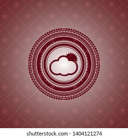 sun behind cloud icon inside red emblem. Retro