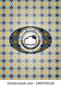 sun behind cloud icon inside arabic style badge. Arabesque decoration.