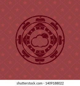 sun behind cloud icon inside realistic red emblem