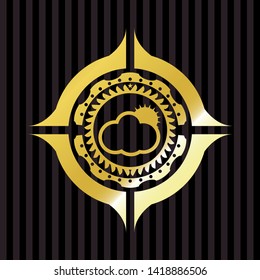 sun behind cloud icon inside gold shiny badge