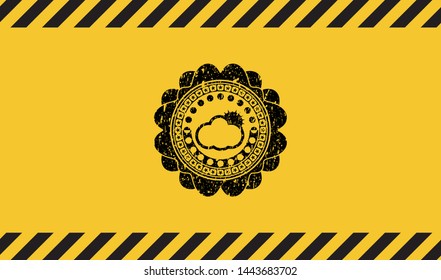sun behind cloud icon inside warning sign, black grunge emblem. Vector Illustration. Detailed.