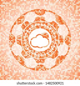 sun behind cloud icon inside abstract orange mosaic emblem with background