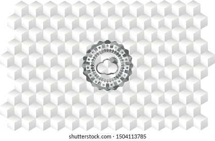 sun behind cloud icon inside grey emblem. Retro with geometric cube white background