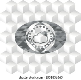 sun behind cloud icon inside grey badge with geometric cube white background