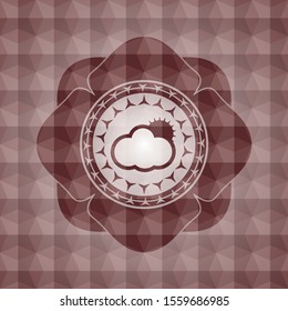 sun behind cloud icon inside red seamless emblem with geometric pattern.