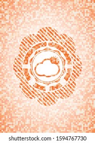sun behind cloud icon inside abstract emblem, orange mosaic background