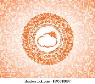 sun behind cloud icon inside abstract emblem, orange mosaic background