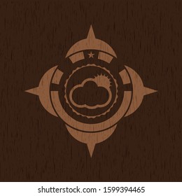 sun behind cloud icon inside vintage wooden emblem