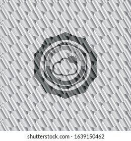sun behind cloud icon inside silver shiny emblem. Scales pattern. Vector Illustration. Detailed.