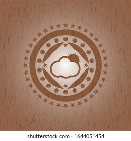 sun behind cloud icon inside wooden emblem