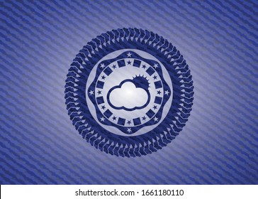 sun behind cloud icon inside emblem with denim high quality background