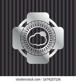 sun behind cloud icon inside silver badge or emblem