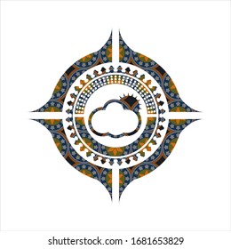 sun behind cloud icon inside arabic style emblem. Arabesque decoration.