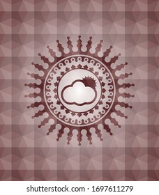 sun behind cloud icon inside red seamless emblem or badge with geometric pattern background.