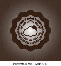 sun behind cloud icon inside retro style wooden emblem