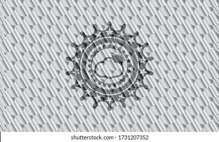sun behind cloud icon inside shiny silver badge. Scales pattern. Vector Illustration. Detailed. 