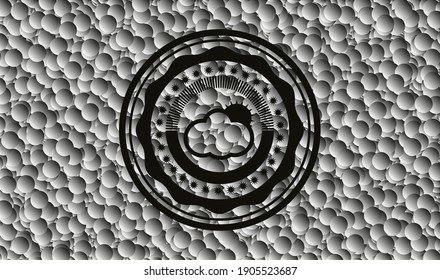 sun behind cloud icon inside black badge with bubbles background. Vector Illustration. Detailed. 