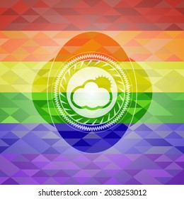 sun behind cloud icon inside emblem on mosaic background with the colors of the LGBT flag. 