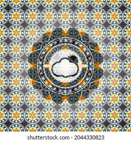 sun behind cloud icon inside arabic badge background. Arabesque decoration. 