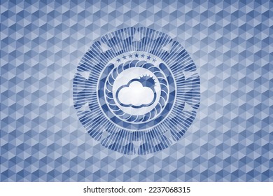 sun behind cloud icon inside blue hexagon emblem. 