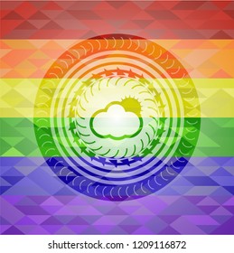 sun behind cloud icon on mosaic background with the colors of the LGBT flag