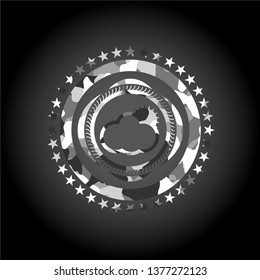 sun behind cloud icon on grey camouflaged texture