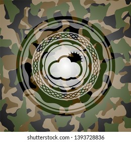 sun behind cloud icon on camouflage pattern
