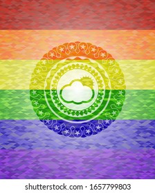 sun behind cloud icon on mosaic background with the colors of the LGBT flag